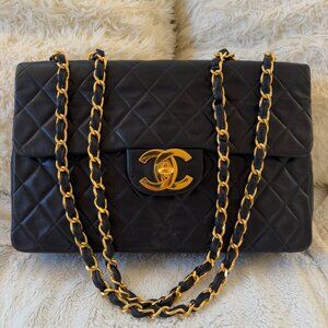 Vintage Chanel Jumbo XL Maxi Classic Flap Bag Black Lambskin